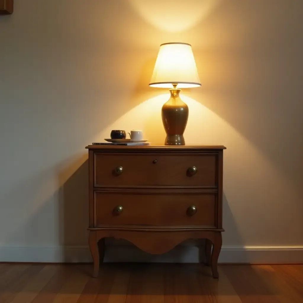 a photo of a charming vintage nightstand with a lamp