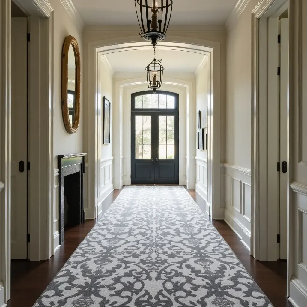 a photo of a sophisticated, damask-patterned rug in a formal corridor