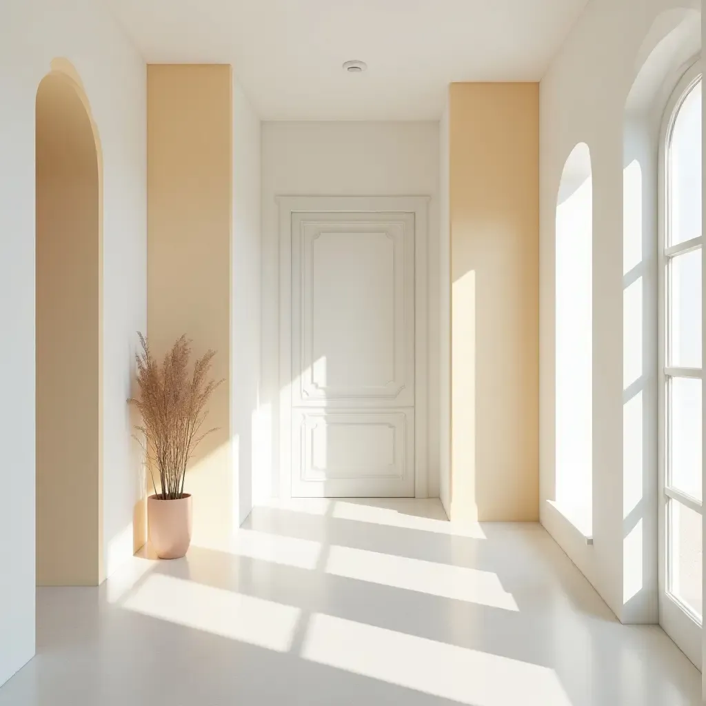 a photo of a spacious entrance with a combination of white and pastel colors