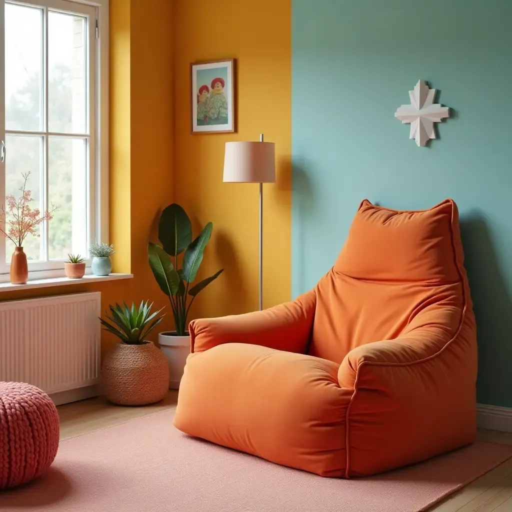 a photo of a retro-style bean bag chair in a colorful bedroom