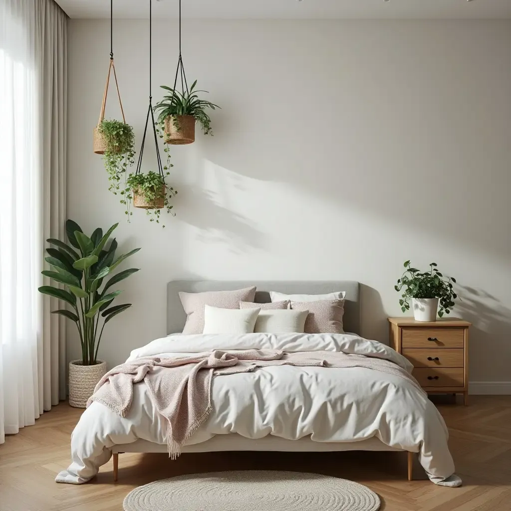 a photo of a teen bedroom with hanging potted plants