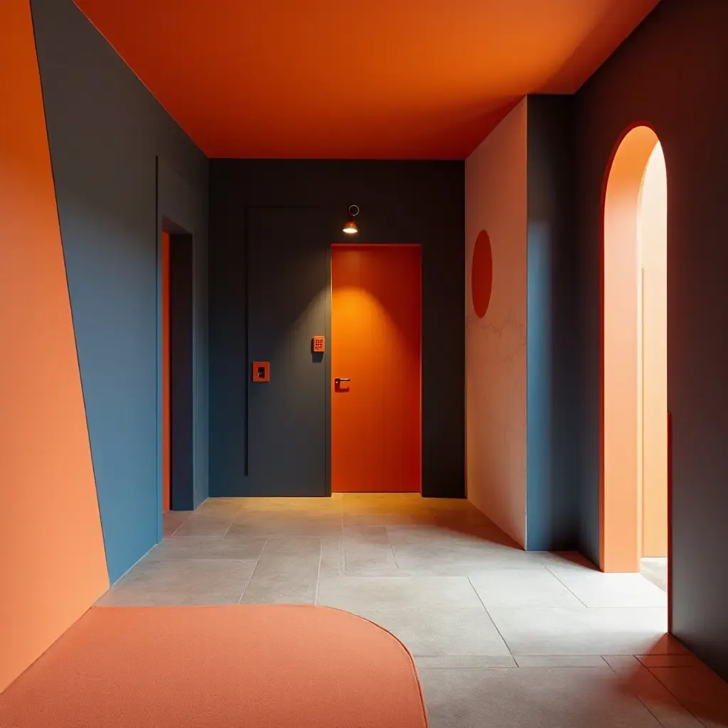 a photo of a dynamic orange and navy blue entrance hall with bold geometric shapes