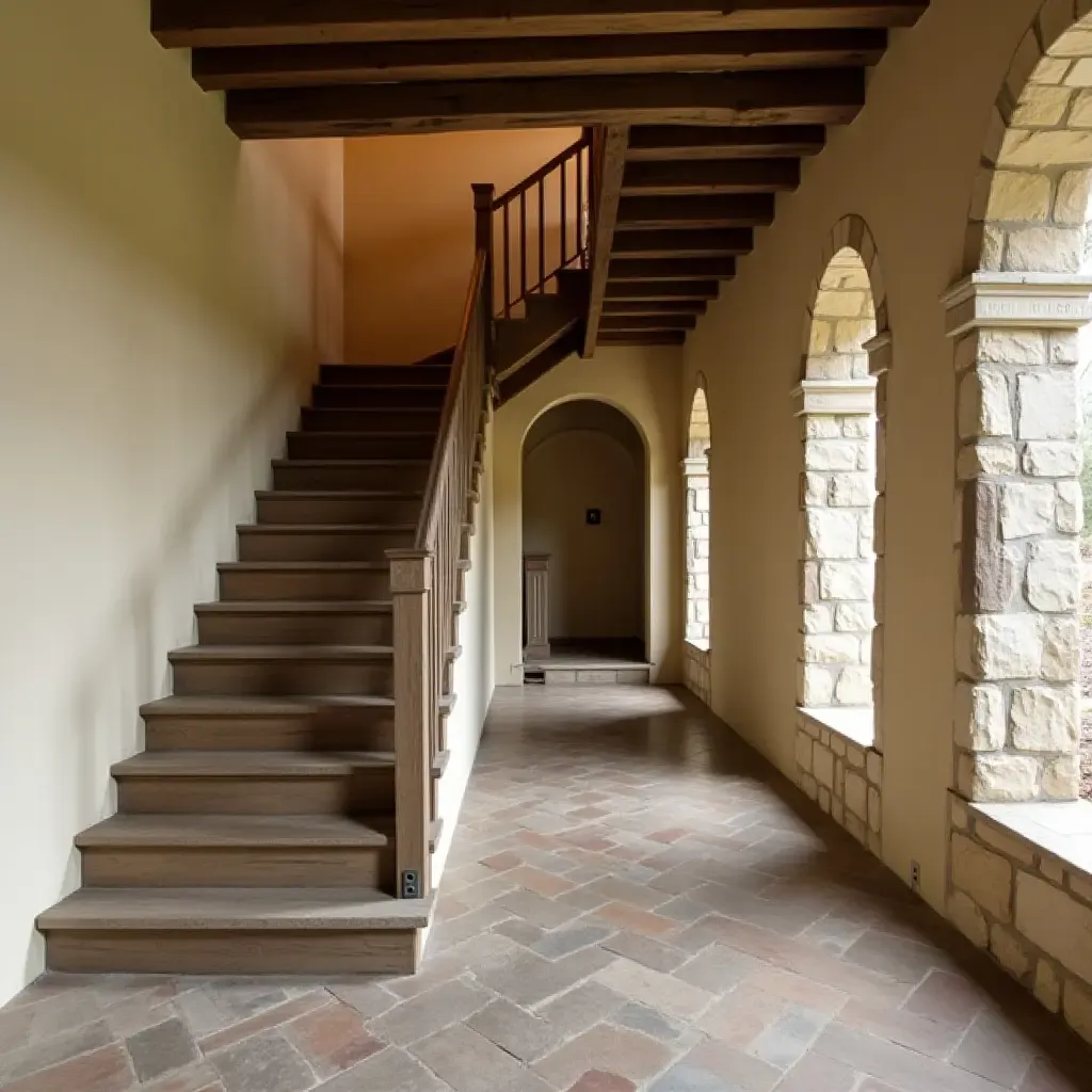 a photo of a timeless hallway with a rustic wooden staircase