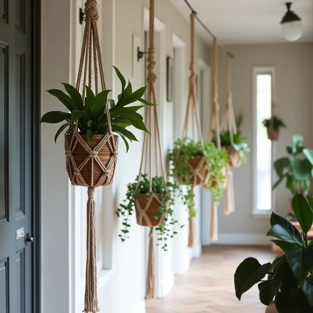 a photo of a corridor lined with hanging plants in macrame holders