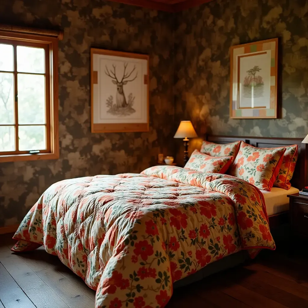 a photo of a bright, cheerful bedding set in a rugged room