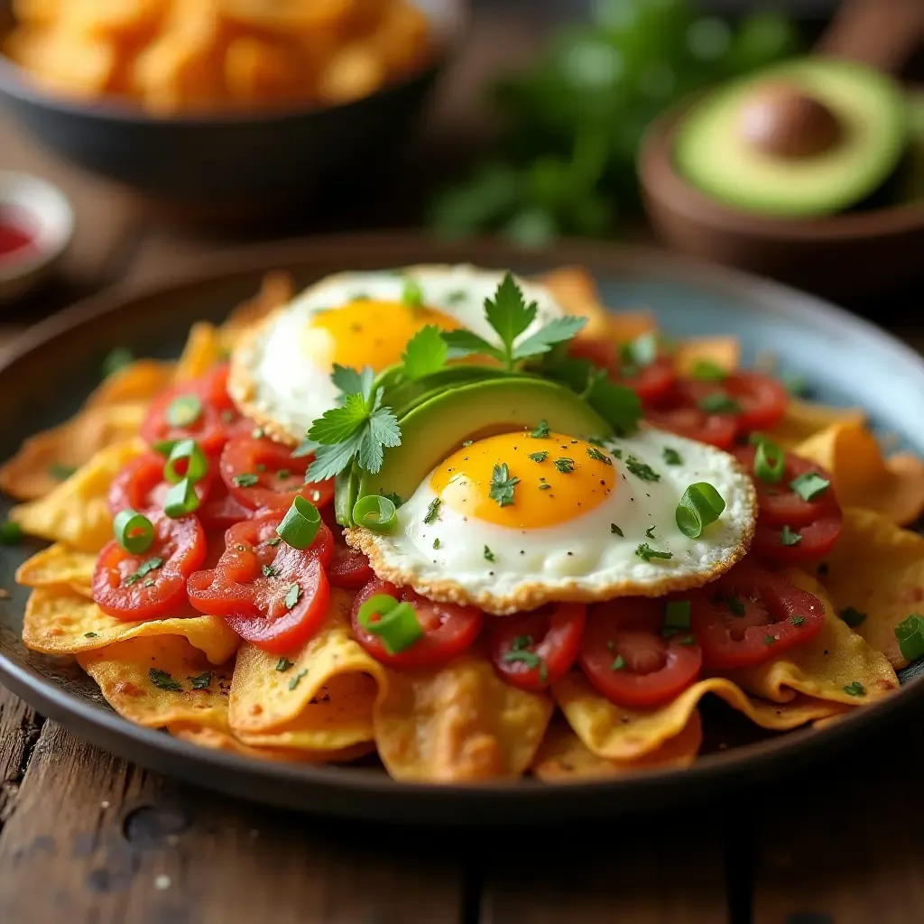 a photo of colorful chilaquiles with fried eggs and avocado on a rustic wooden table.