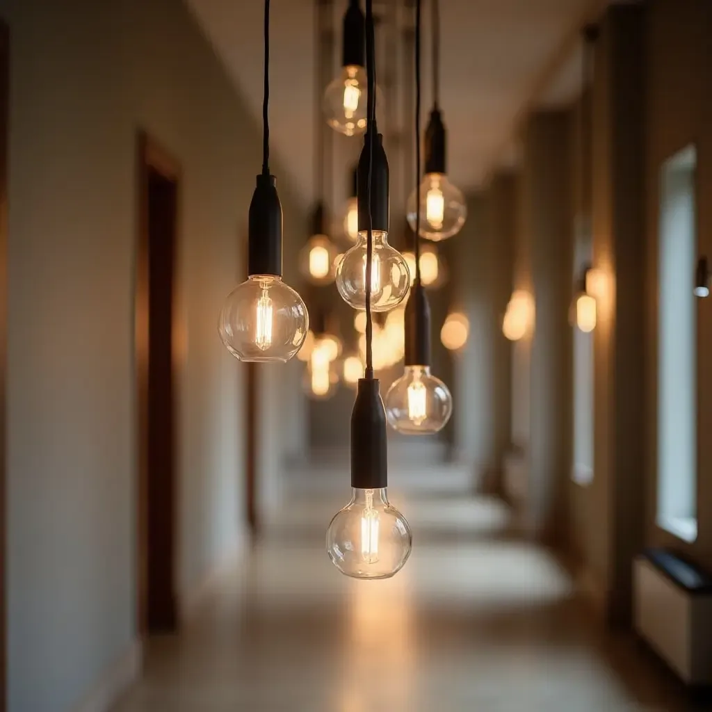 a photo of a modern corridor with pendant lights in various shapes