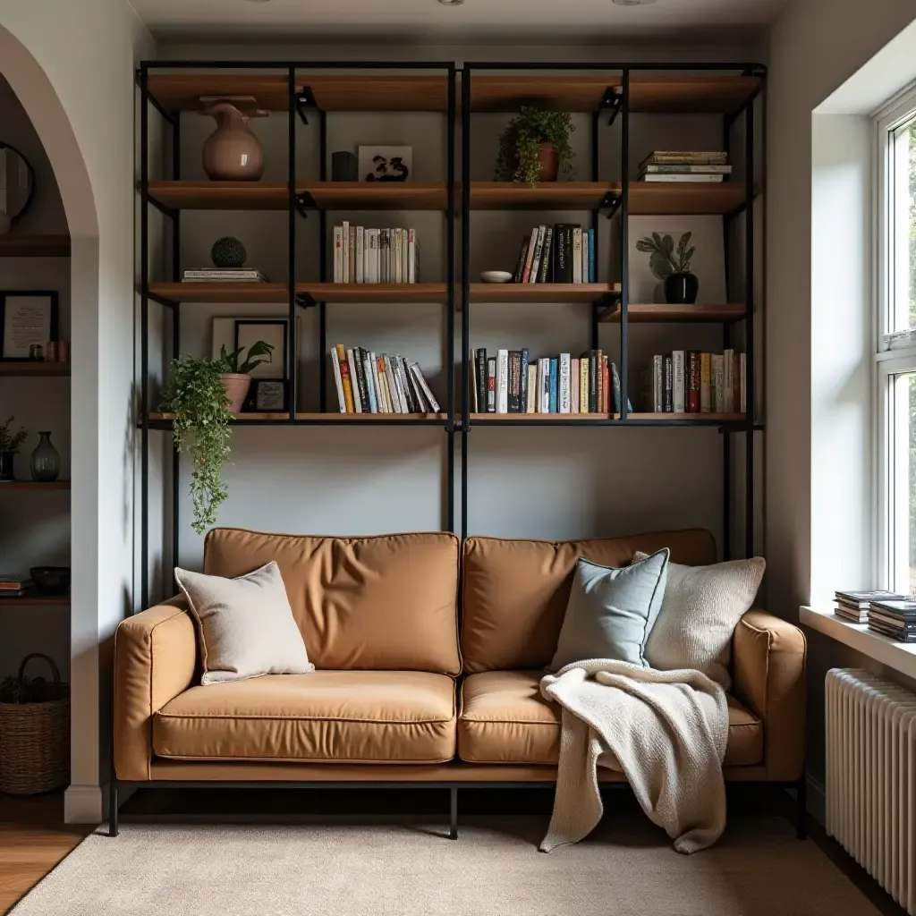 a photo of a cozy reading nook with industrial shelving