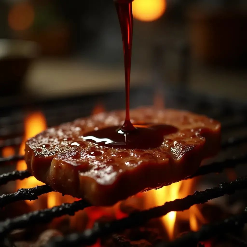 a photo of soy sauce drizzled over a sizzling steak on a grill