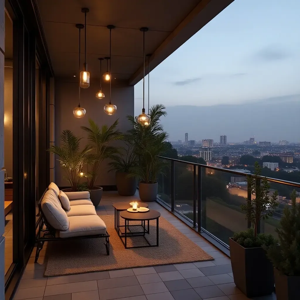 a photo of a chic urban balcony with industrial pendant lighting