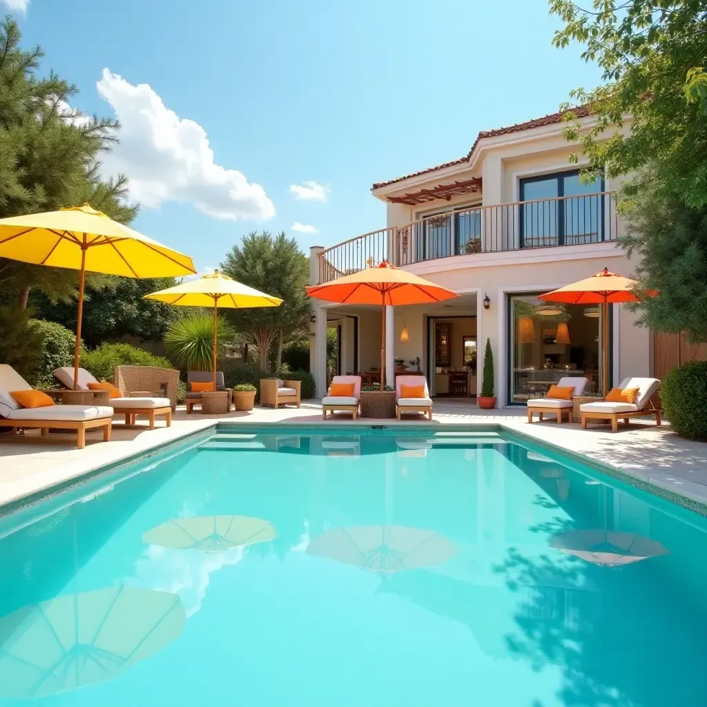 a photo of a vibrant poolside with Scandinavian decor and colorful umbrellas