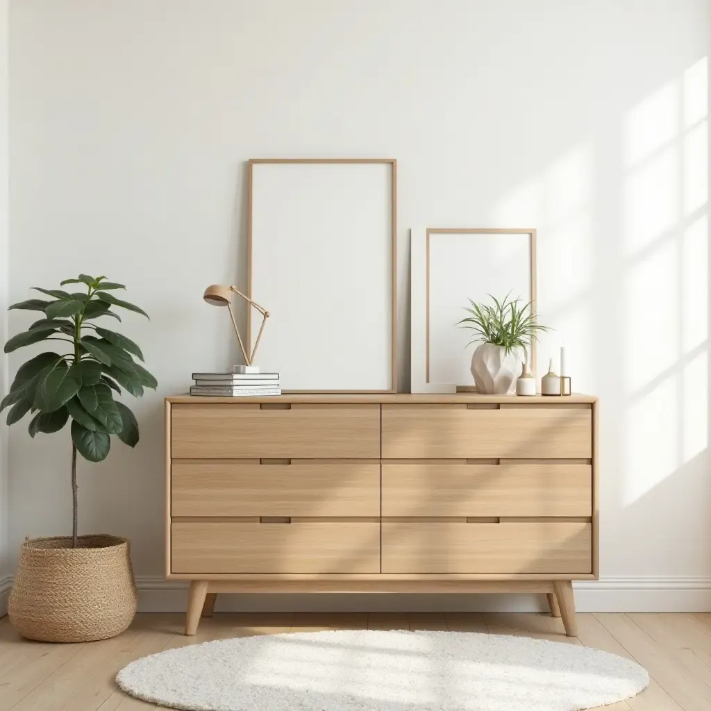 a photo of a nursery featuring a wooden dresser and decor