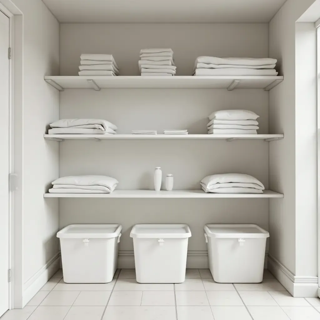 a photo of a minimalist basement with clear storage containers