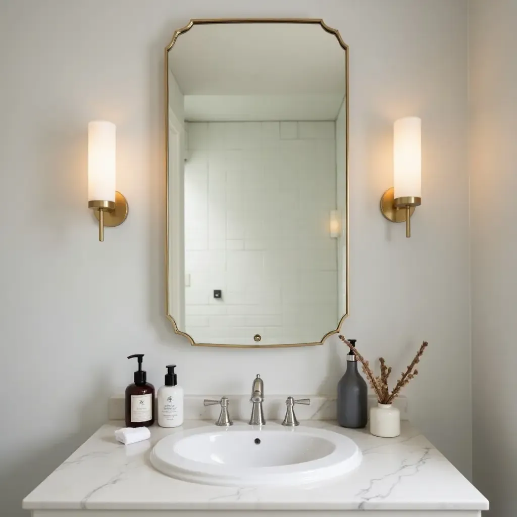 a photo of a small bathroom showcasing a chic mirror and organized toiletries