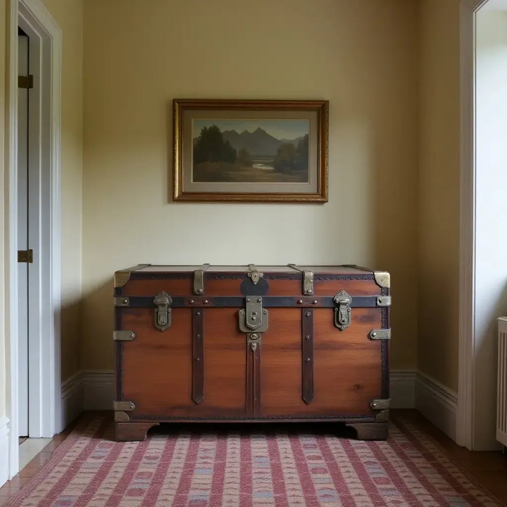 a photo of a vintage trunk used for storage in a corridor