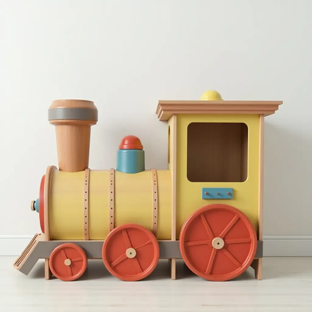 a photo of a whimsical train-themed toy storage unit