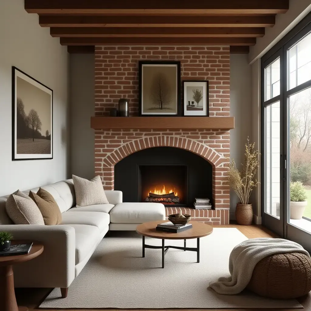 a photo of a warm living room with a sectional and a classic brick fireplace