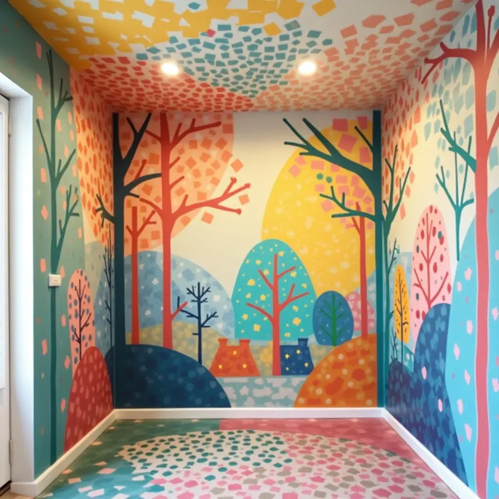 a photo of a vibrant basement wall mural created with stencils and paint