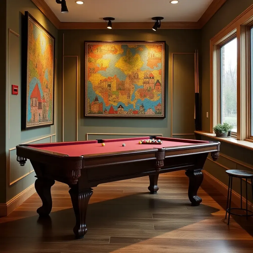 a photo of a basement game corner with board games and whimsical wall art