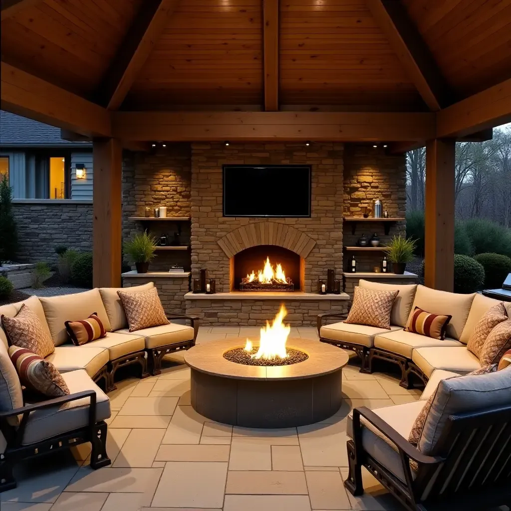 a photo of a basement entertainment area with a cozy fire pit and seating