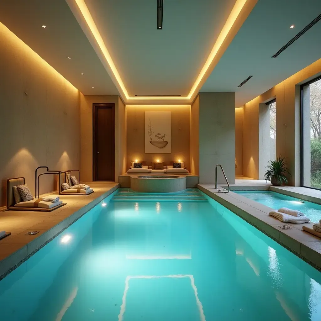 a photo of a luxurious spa area with a hot tub next to the pool