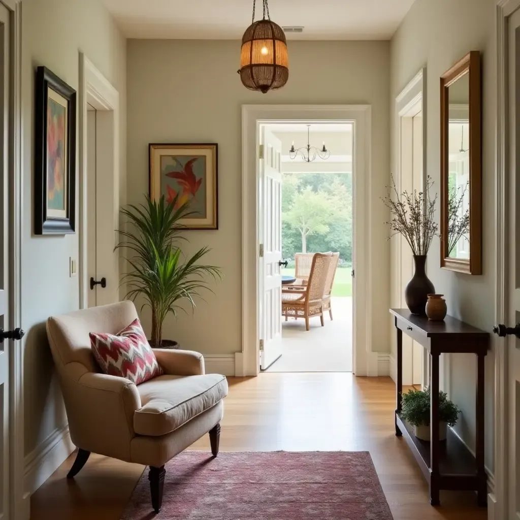 a photo of a welcoming hallway with a plush armchair and inviting decor