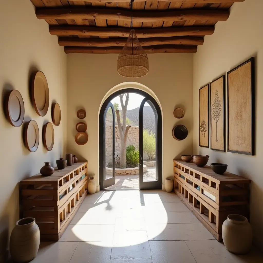 a photo of an entrance hall showcasing handmade pottery and artisanal crafts