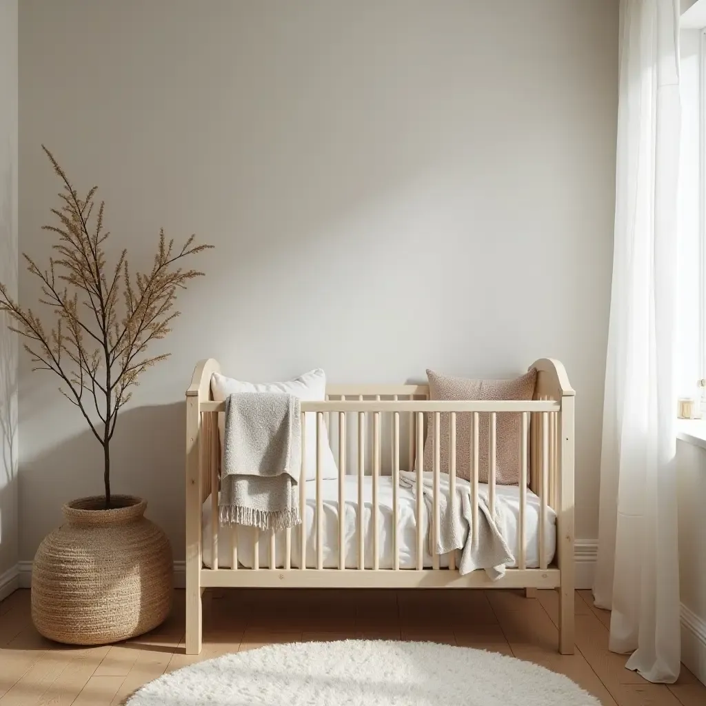 a photo of a small nursery with layered textiles for warmth