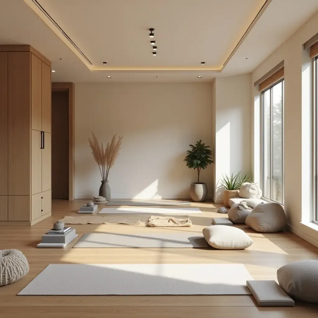 a photo of a basement yoga studio with flexible spaces and calming decor