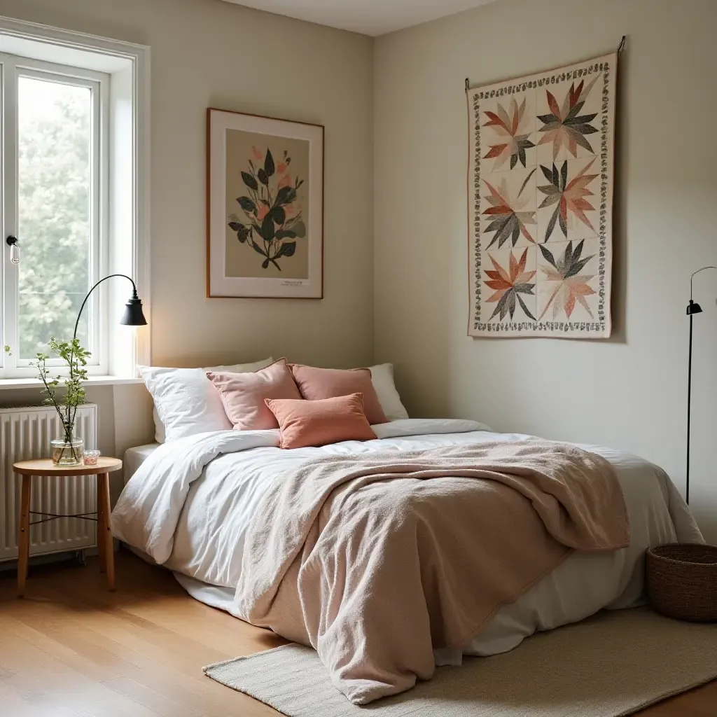 a photo of a cozy bedroom with a stylish quilt storage solution