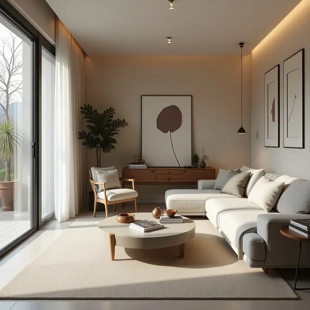 a photo of a modern living room with minimalist decor and a cozy ambiance