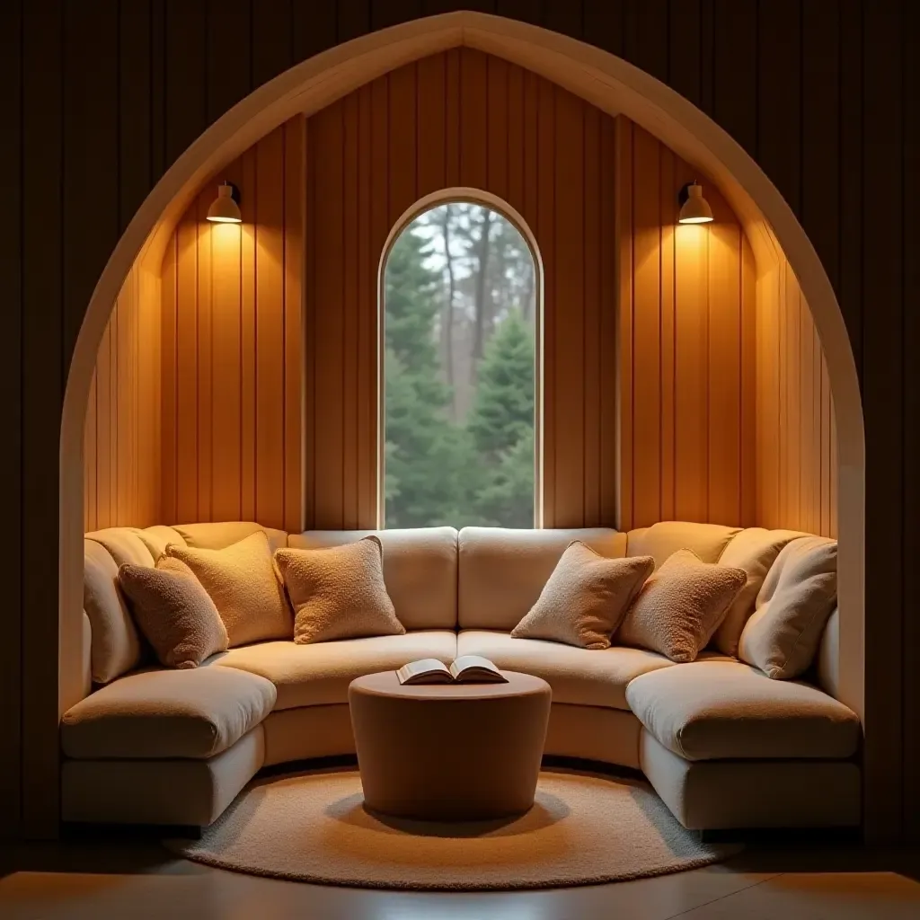 a photo of a cozy reading nook with plush seating and lights