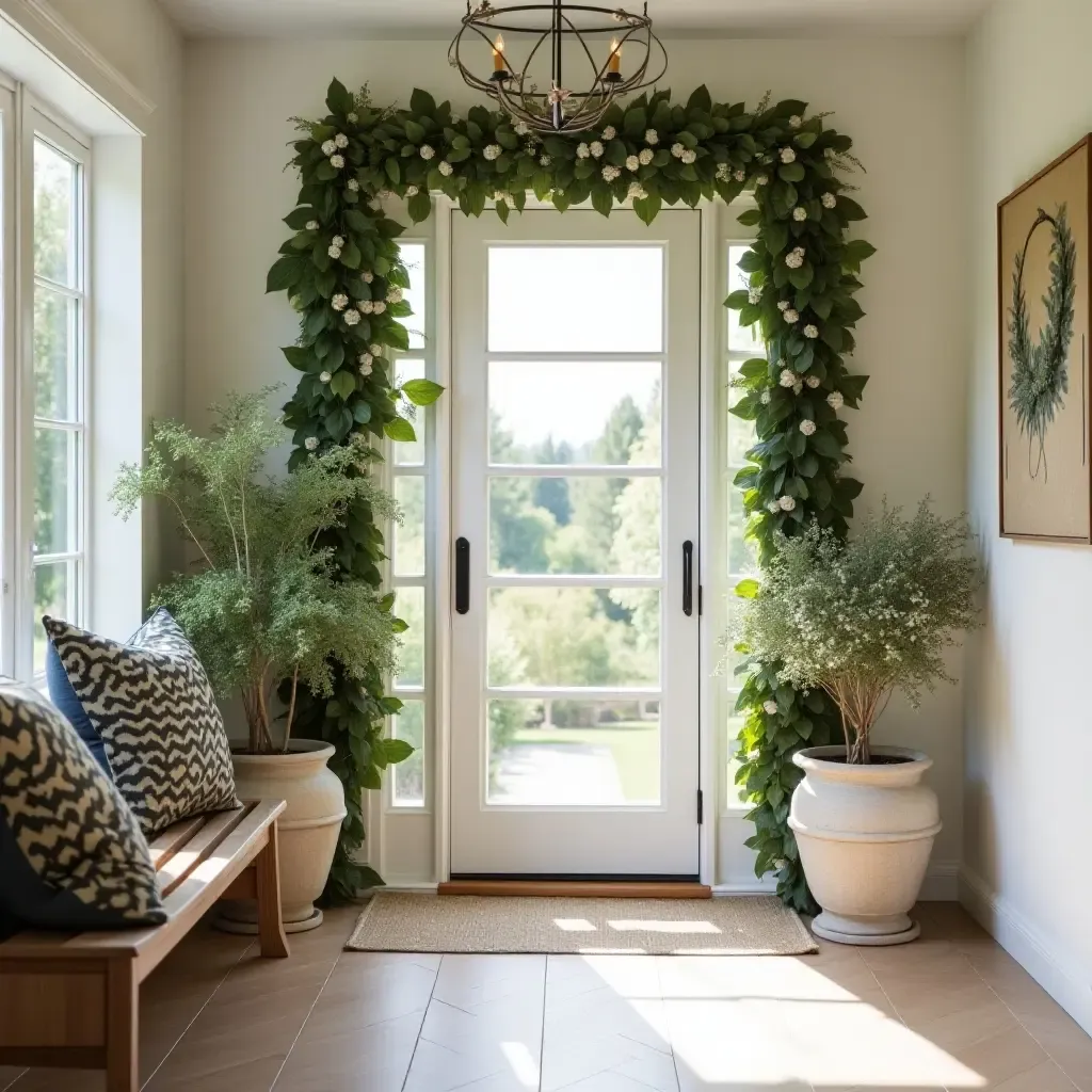 a photo of a charming entryway decorated with fresh flowers and greenery