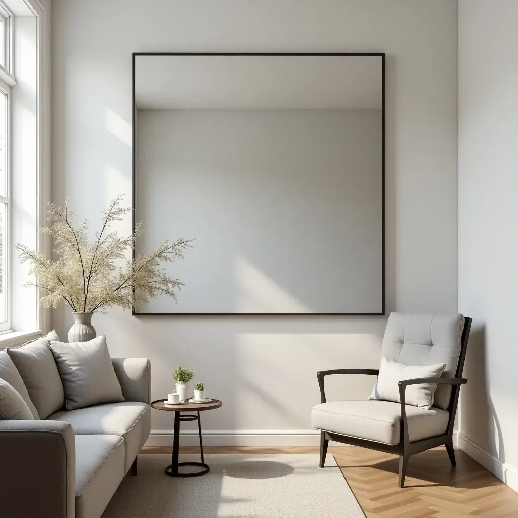 a photo of a small living room featuring a large mirror