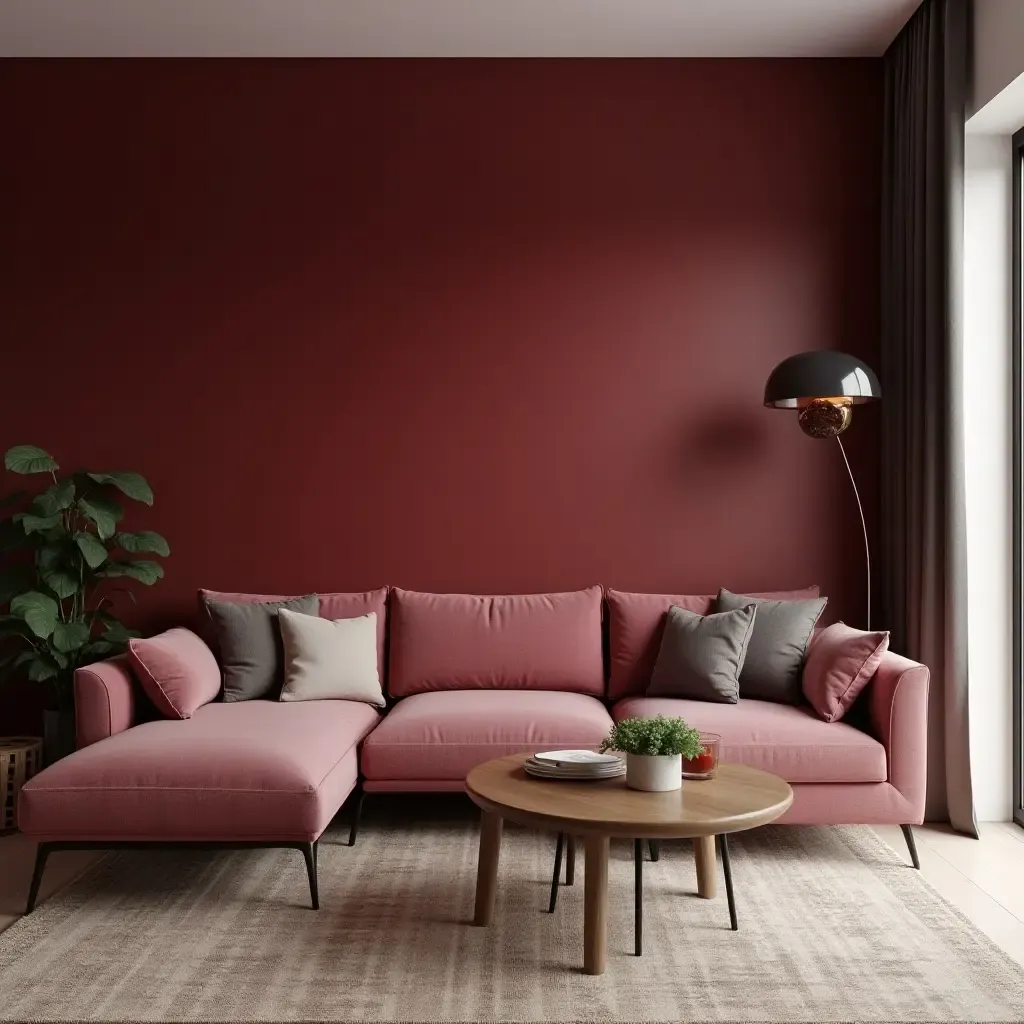 a photo of a maroon living room with a bold accent wall and contrasting furniture