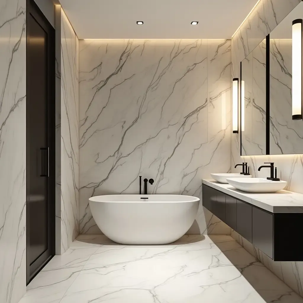 a photo of a contemporary bathroom with bold marble walls and lighting