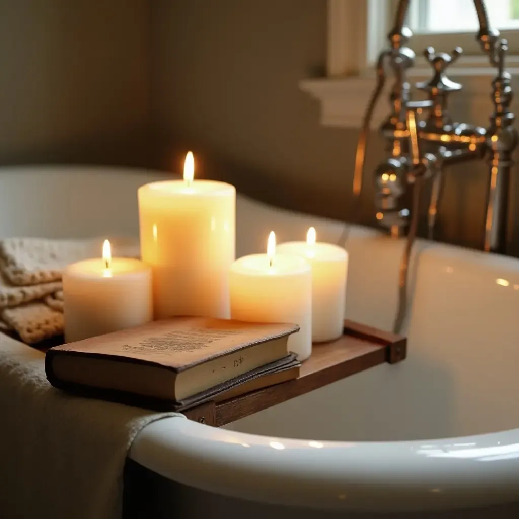 a photo of an antique bathtub tray with candles and books