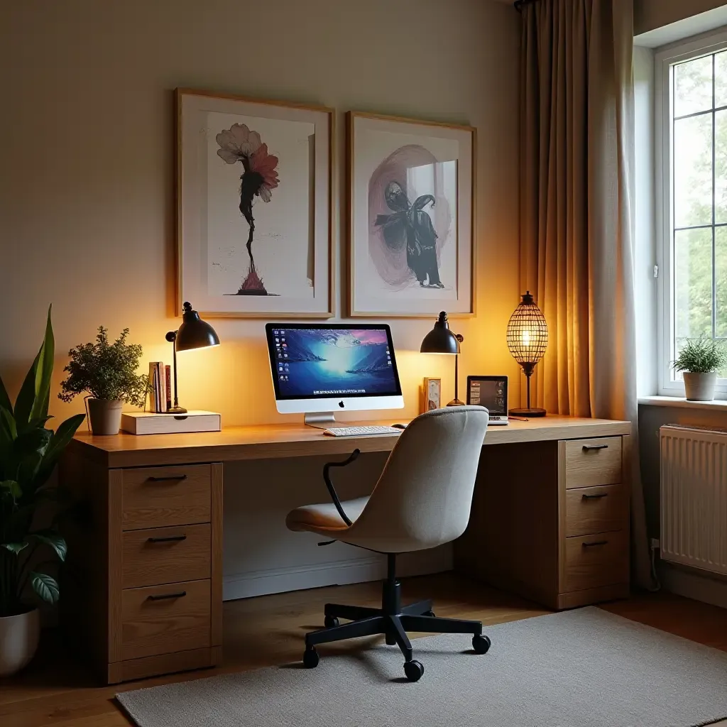 a photo of a trendy room with a creative desk setup