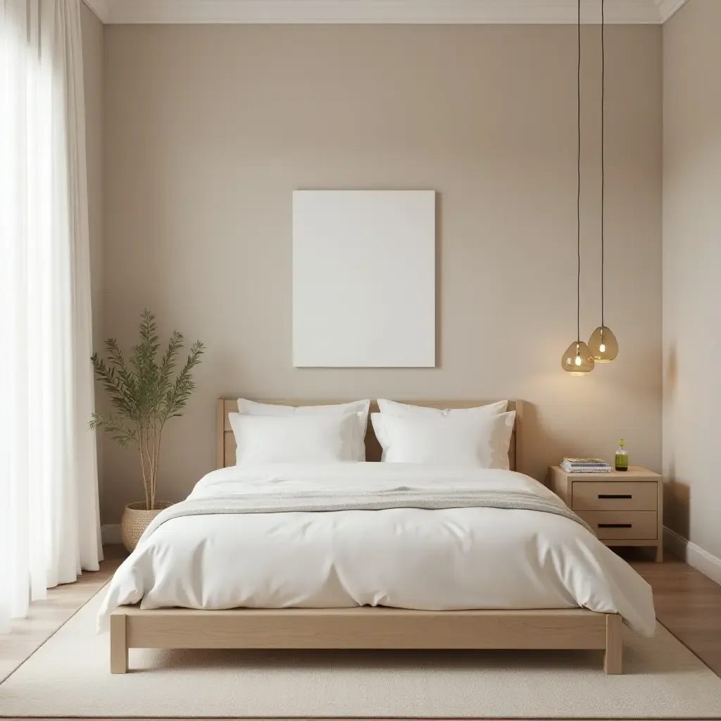 a photo of a serene bedroom with a calming color palette and minimal decor