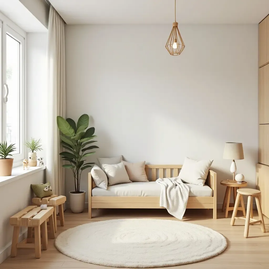 a photo of an eco-friendly kids&#x27; room with sustainable furniture and decor