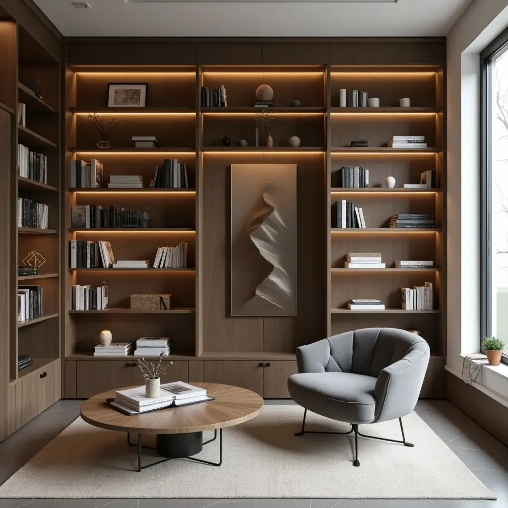 a photo of a contemporary library with a minimalist design and storage