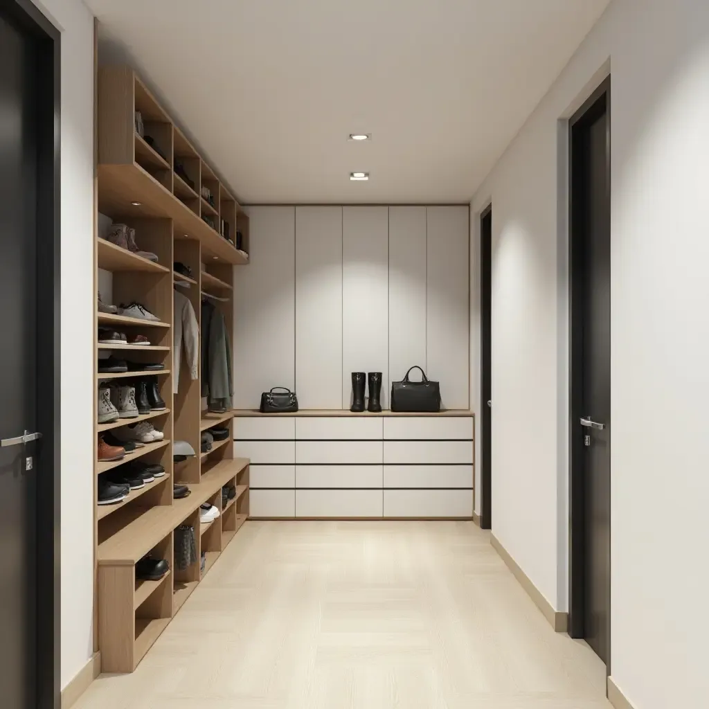 a photo of a functional corridor with a shoe rack and storage drawers