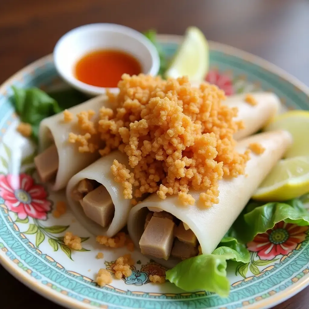 a photo of a colorful plate of banh cuon, filled with pork and mushrooms, topped with fried shallots.