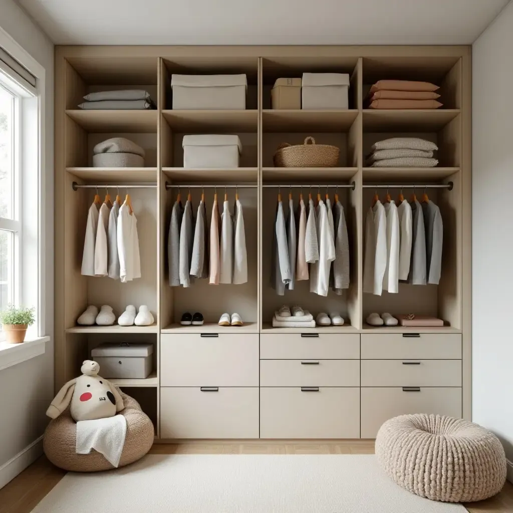 a photo of a nursery featuring a closet organizer system