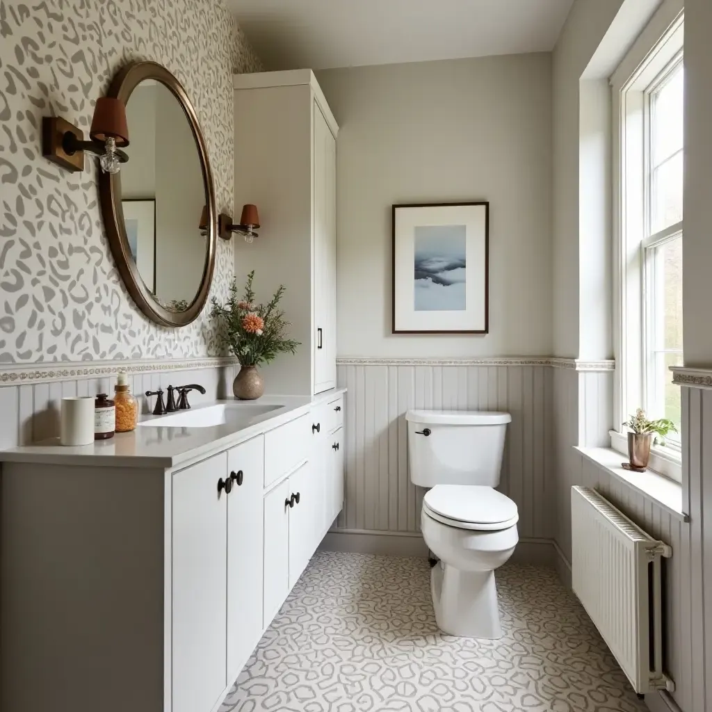 a photo of a cozy bathroom with patterned tiles and space-saving furniture