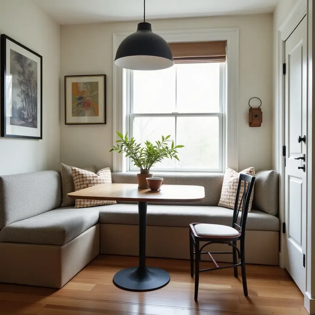 a photo of a breakfast nook with a stylish mix of old and new furniture