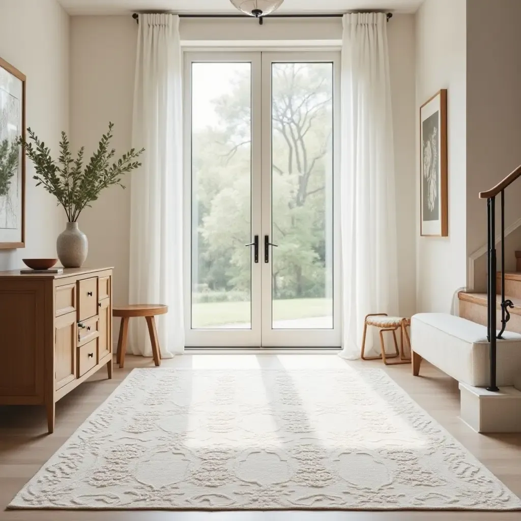 a photo of a delicate lace-patterned rug in a feminine entrance