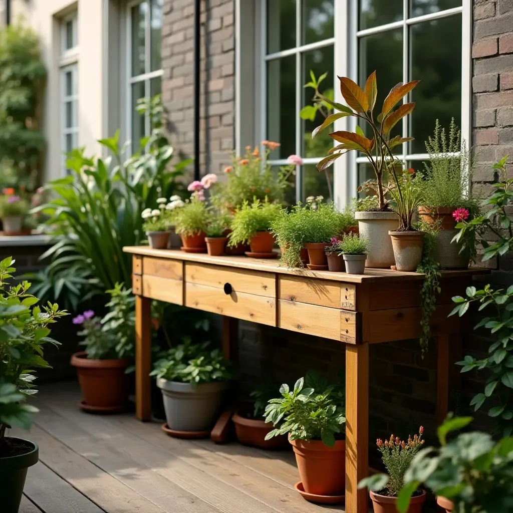 a photo of a balcony featuring a wooden potting bench for gardening