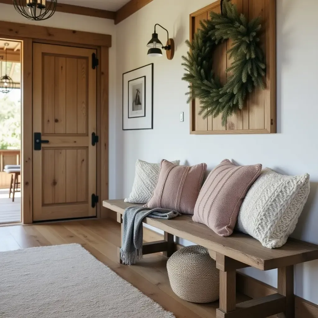 a photo of a rustic entrance hall with knitted throw pillows on a wooden bench