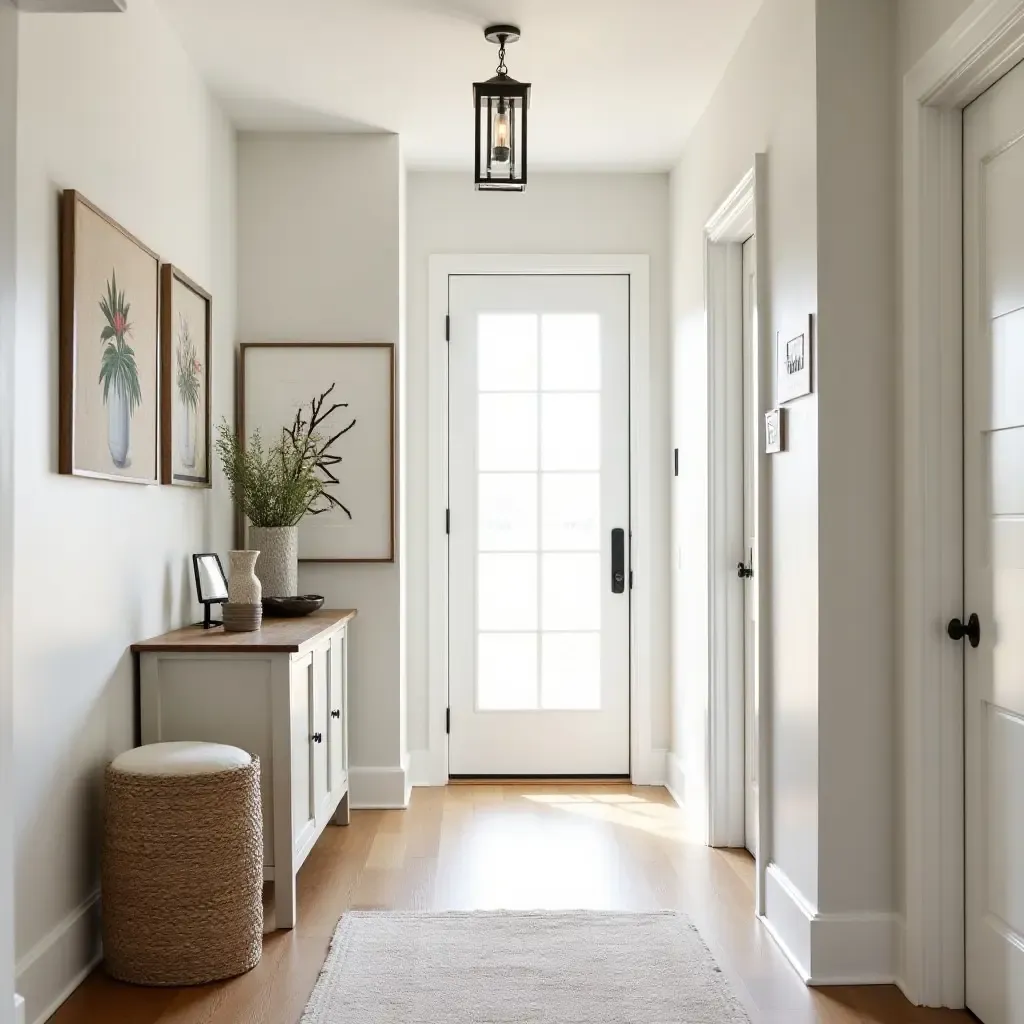 a photo of a cozy hallway adorned with farmhouse-style artwork and decor